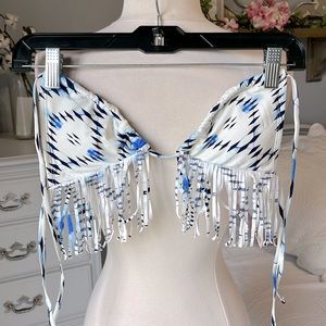 Bikini Boho White Blue Fringe Womens XS